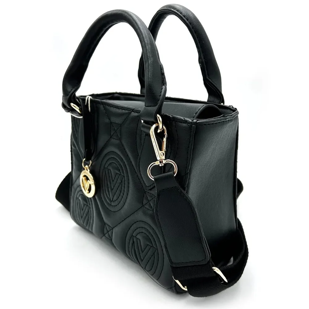 Valentino Orlandi Black Quilted Satchel with Gold Logo Charm and Strap
